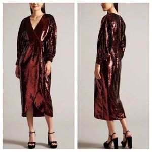 New! Ted Baker Emalee Plunge Neck Sequin Midi Dress Burgundy nwot 33990